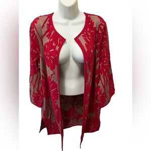 Chico’s Travelers Collection Exploded Floral Jacket Sz 2/L/12 Red Tan Open